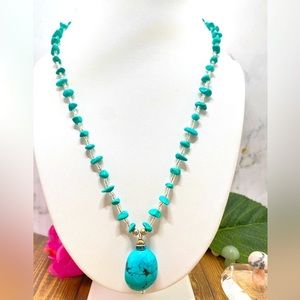 Vintage turquoise beaded with big size turquoise & rhinestone pendant necklace